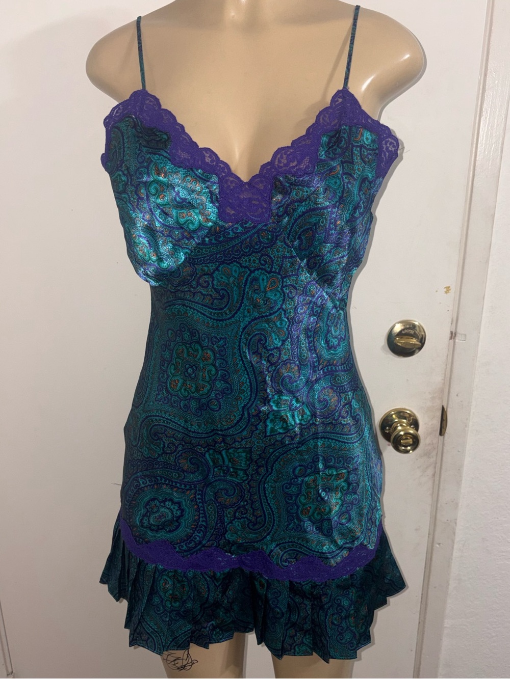 Victoria's Secret Teal Paisley Satin Chemise with Purple Lace Trim